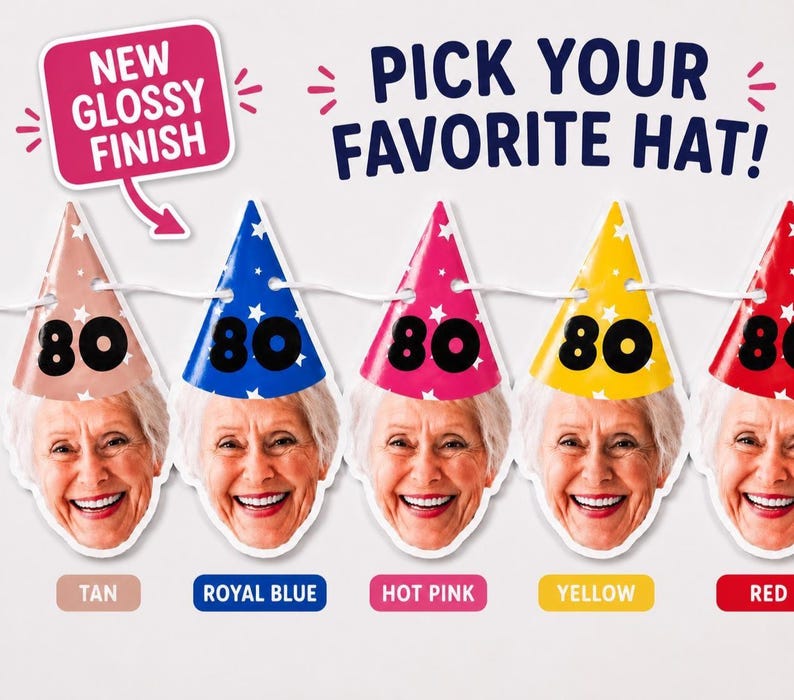 May include: A banner featuring five party hats in tan, royal blue, hot pink, yellow, and red, each with a white star pattern and the number 80. Below each hat is a cutout of a smiling person's face. Text reads: NEW GLOSSY FINISH and PICK YOUR FAVORITE HAT!