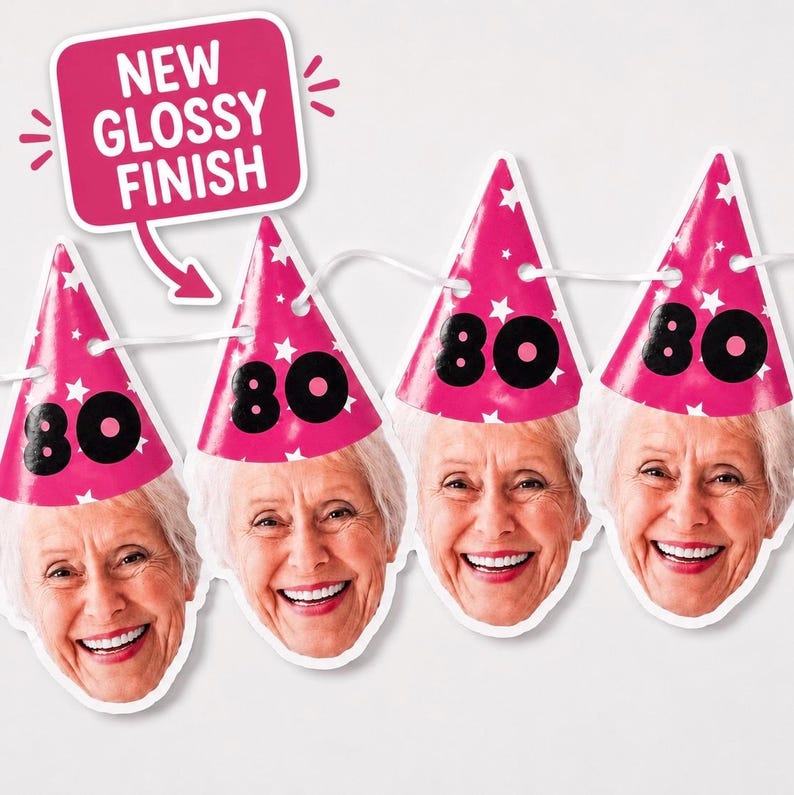 May include: A party banner featuring four cutouts of an older person's face wearing a pink party hat with white stars and the number 80 in black. A pink speech bubble with the white text NEW GLOSSY FINISH points to the hats with an arrow.