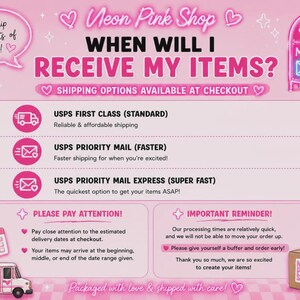Może przedstawiać: R&oacute;żowa grafika z tekstem: "Neon Pink Shop" i "Kiedy otrzymam moje przedmioty?" Opcje wysyłki obejmują USPS First Class, Priority Mail i Express. Obraz zawiera r&oacute;wnież furgonetkę pocztową i skrzynkę pocztową.
