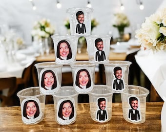 Engagement and Bachelorette Shot Glasses – Custom 1 oz Plastic Party Cups - bachelorette party favors - face - wedding bride and groom