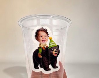 12oz Birthday Custom Face Cups | Personalized Party Cups | Bear Birthday | Camping Theme |One Happy Camper Decorations | Party Favors |