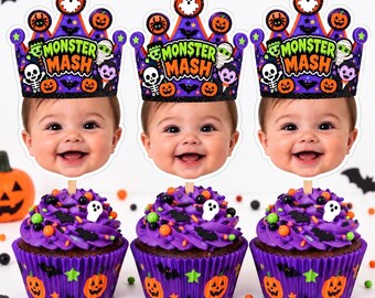 Custom Halloween Face Cupcake Toppers | Monster Mash Birthday Decorations