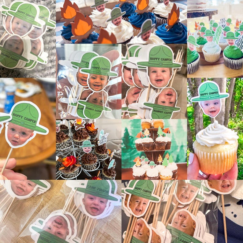 Op de afbeelding: Een collage van cupcakes en decoraties. De decoraties tonen het gezicht van een baby met een groene hoed met de tekst "HAPPY CAMPER". Sommige cupcakes hebben blauwe, groene en witte glazuur, en sommige hebben kampvuur- en boomdecoraties.
