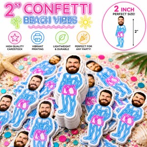 Op de afbeelding: Een verzameling van 5,08 cm hoge papieren uitsparingen met een cartoonillustratie van een persoon met baard en gespierd lichaam, gekleed in een zwembroek met neonblauwe omlijning. Het ontwerp bevat een neonroze contour en een realistisch gezicht.