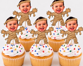 Halloween Mummy Cupcake Toppers | Custom Face Party Decor (2.9 inch)