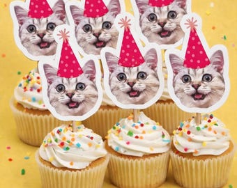 Cat Birthday Photo Toppers | Cat Party | Cat Cupcake Toppers | Pawty | Let’s Pawty | Cat Gift | Funny Cat |