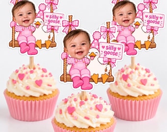 Custom Silly Goose Cupcake Toppers | Personalized Baby Face Party Decorations