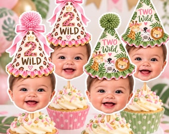 Two Wild 2nd Birthday Cupcake Toppers | Safari Animals, Face Photo (Custom)