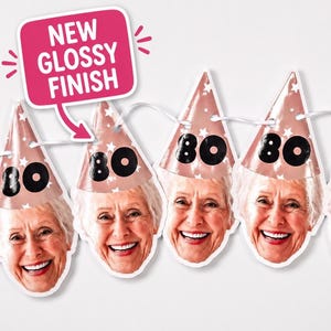 May include: A party banner featuring a series of cone-shaped hats in a metallic rose gold color with white star patterns. Each hat displays the number 80 in large black font and a smiling face. A pink speech bubble reads NEW GLOSSY FINISH.