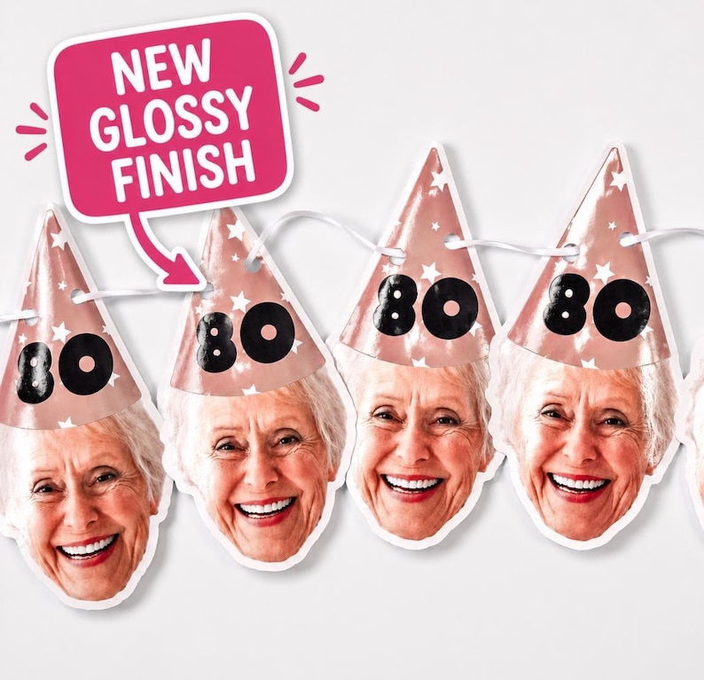 May include: A party banner featuring a series of cone-shaped hats in a metallic rose gold color with white star patterns. Each hat displays the number 80 in large black font and a smiling face. A pink speech bubble reads NEW GLOSSY FINISH.
