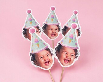 Ice Cream Cupcake Toppers | Sweet One theme Face Cupcake Toppers | Summertime Birthday Party Decorations | Ice Cream | Two Sweet