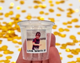 21st Birthday Shot Glasses – Custom 1 oz Plastic Party Cups - bachelorette party favors - face - Pink 21st Birthday-21 and legal-RIP fake id