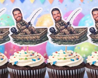 Cupcake Toppers: Fishing Birthday Party Theme, Fisherman, Personalized Face, husband, son, dad, kids, birthday decor, decorations,
