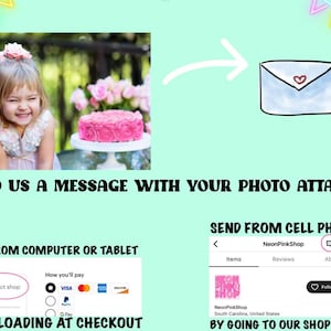 May include: Instructions on how to send a photo to a shop for a custom order. The image shows a girl with a pink cake, a cartoon envelope, and a screenshot of a shop's Etsy page. The text says "Send us a message with your photo attached" and "Send from computer or tablet by uploading at checkout" and "Send from cell phone by going to our shop page".