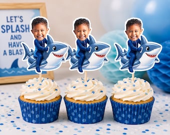 Adornos personalizados para cupcakes con forma de flotador de tiburón / Decoraciones de cumpleaños con fotos personalizadas