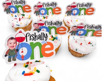 Cupcake Toppers: Angeln Geburtstagsparty Thema, Fischer, personalisiertes Gesicht, Ofishally One, 1st Geburtstag, Erster Geburtstag