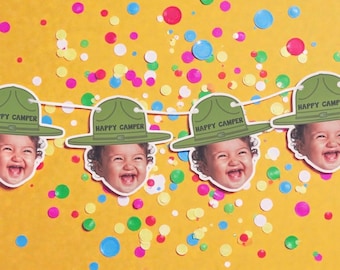custom face | Cardstock Banner | 5 Foot Long | photo head Banner | Party Banner | Happy Camper | Camping Theme | Camp Banner