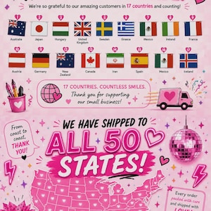 Może przedstawiać: R&oacute;żowa grafika z tekstem "WE SHIP WORLDWIDE!" i flagami r&oacute;żnych kraj&oacute;w. Obrazek zawiera r&oacute;wnież napis "WE HAVE SHIPPED TO ALL 50 STATES!" i mapę Stan&oacute;w Zjednoczonych. Obrazek m&oacute;wi "THANK YOU!"