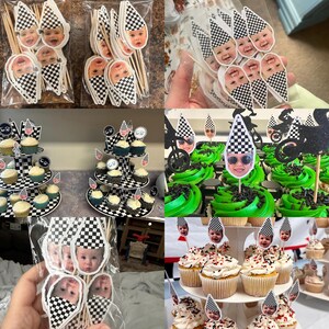 May include: A collection of cupcake toppers and cupcakes. The toppers feature a baby's face with a checkered flag design. Cupcakes are decorated with white frosting, sprinkles, and toppers. Some cupcakes are on tiered stands with a checkered pattern.