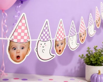 Griezelige fotobanner | Kartonnen banner | 5 voet lang | foto hoofdbanner | Feestbanner | Spookbanner | Halloween-verjaardag | Roze Halloween