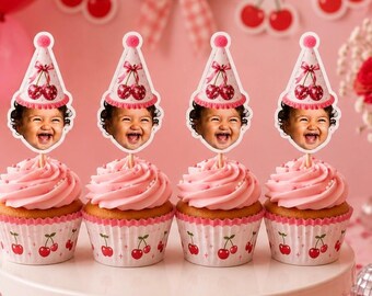 Kirsch-Cupcake-Topper | Gesichts-Cupcake-Topper | Kindergeburtstagsdeko | Geburtstag | Kirsch-Motto | Sie ist das Sahnehäubchen