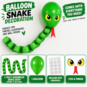May include: A green balloon snake decoration kit featuring a green balloon with yellow and black eyes, a red paper tongue, and a green paper chain body. The set includes one balloon, one 6-foot paper chain, adhesive dots, and eye and tongue decals.