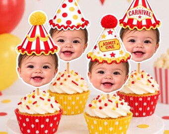 Custom Photo Cupcake Toppers | Carnival Bear Party Hats (2.5-2.8 inches)