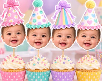 Custom Pastel Party Hat Cupcake Toppers | 1st Birthday Girl Theme