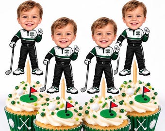 Custom Golf Cupcake Toppers | Personalized Golfer Face (2.8" Tall)
