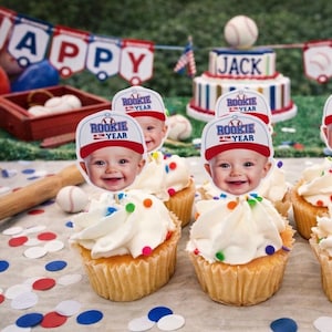 Baseball Cupcake Toppers | Baseball Photo Head | Party Supplies | Rookie of the Year | Party Decor | Birthday Toppers | First Birthday