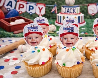 Baseball Cupcake Toppers | Baseball Photo Head | Party Supplies | Rookie of the Year | Party Decor | Birthday Toppers | First Birthday