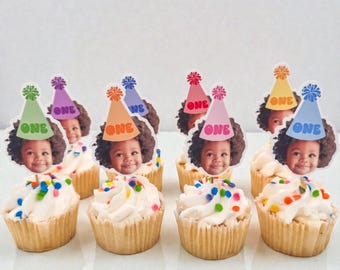 Cupcake Toppers | The Fun One | First Birthday | 1st Birthday | Girl | Boy | Personalized Face | Party Hats | Decorations | Face on Stick |