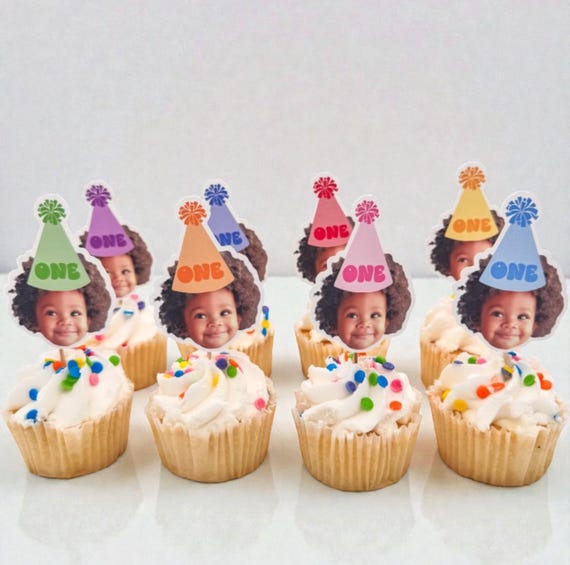 Cupcake Toppers | The Fun One | First Birthday | 1st Birthday | Girl | Boy | Personalized Face | Party Hats | Decorations | Face on Stick |