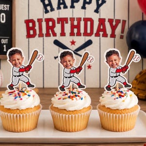 Baseball Cupcake Toppers | Personalized with face | 2.9 inch| Party Decorations | Rookie of the Year | Party Theme | 1st Birthday Idea image 1