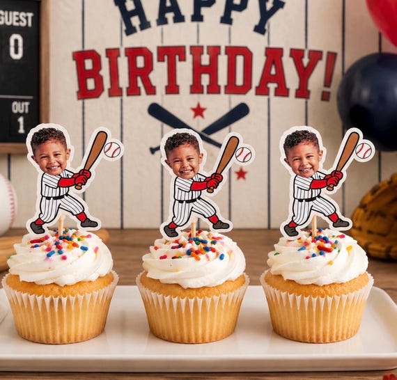 Baseball Cupcake Toppers | Personalized with face | 2.9 inch| Party Decorations | Rookie of the Year | Party Theme | 1st Birthday Idea
