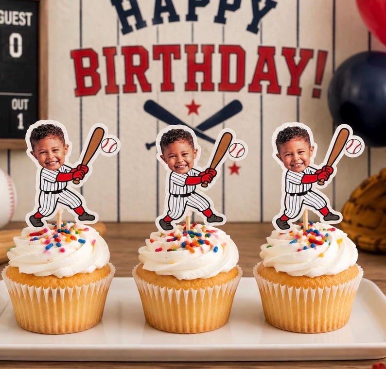 Baseball Cupcake Toppers | Personalized with face | 2.9 inch| Party Decorations | Rookie of the Year | Party Theme | 1st Birthday Idea image 1