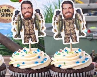 Cupcake Toppers: Bass Fishing Birthday Party Theme, Fisherman, Personalized Face, husband, son, dad, kids, birthday decor, decorations,