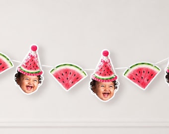 Melonen-Geburtstagsbanner/Girlande | Wassermelonen-Partydeko | Wassermelonen-Motto | Banner mit Gesichtsfoto | Individuell gestaltet | Einzigartig