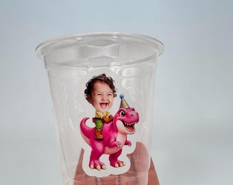 12oz Birthday Custom Face Cups | Personalized Party Cups | Dinosaur Birthday | Dino Theme | T rex Decorations | Party Favors |