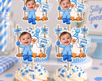 Custom Silly Goose Baby Cupcake Toppers | Personalized Face Party Decorations