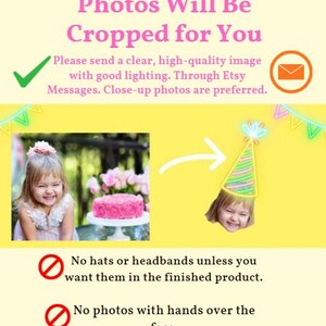 K&ouml;nnte beinhalten: Gelber Hintergrund mit dem Text &bdquo;Fotos werden f&uuml;r Sie zugeschnitten&ldquo;. Das Bild zeigt ein M&auml;dchen, einen Kuchen und eine Partyhut-Grafik. Der Text gibt Hinweise zur Fotoqualit&auml;t und zu Einschr&auml;nkungen.