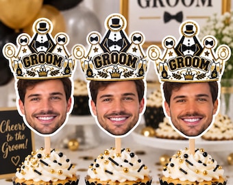 Custom Groom Face Cupcake Toppers | Crown, Tuxedo, Party Decorations (Digital Download)