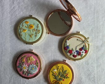 Hand Embroidery Floral Compact Mirror, Vintage Brass Pocket Mirror, Mother Day Gift