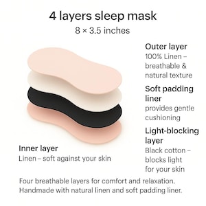 May include: Four-layer sleep mask, 8 x 3.5 inches, in shades of pink, white, and black. The mask is made of linen and cotton, designed for comfort and light-blocking. The text on the image says "4 layers sleep mask".