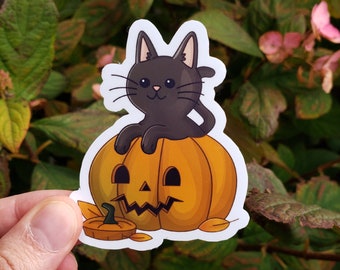 Adesivo de vinil brilhante de 7,6 cm com gatinho abóbora - Halloween, temporada assustadora