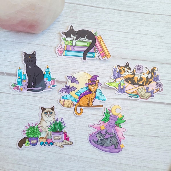 Witchy Cats Vinyl Sticker Set (glossy) - Cat lover gifts, Pastel kitty