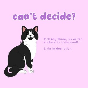 May include: A black and white cat with a happy expression sits on a pink background. The text "can't decide?" is above the cat. Below the cat is the text "Pick Any Three, Six or Ten stickers for a discount! Links in description."