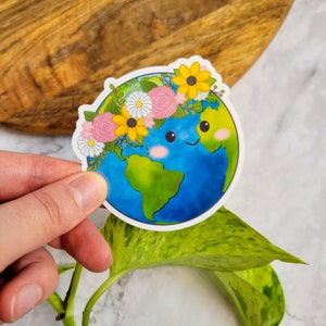 Beau sticker vinyle 3" Mother Earth (brillant) - couronne de fleurs, jolie planète