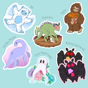 Cuddly Cryptids Glossy Vinyl Sticker Set - Chupacabra, Fresno Nightcrawler, Yeti, Bigfoot, Mothman, Loch Ness Monster