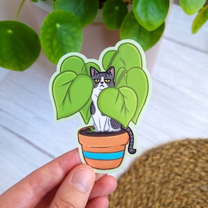 Plant Kitty 3.5 » Vinyl Sticker (brillant) - Amoureux des chats, Grey Tabby, House Plant